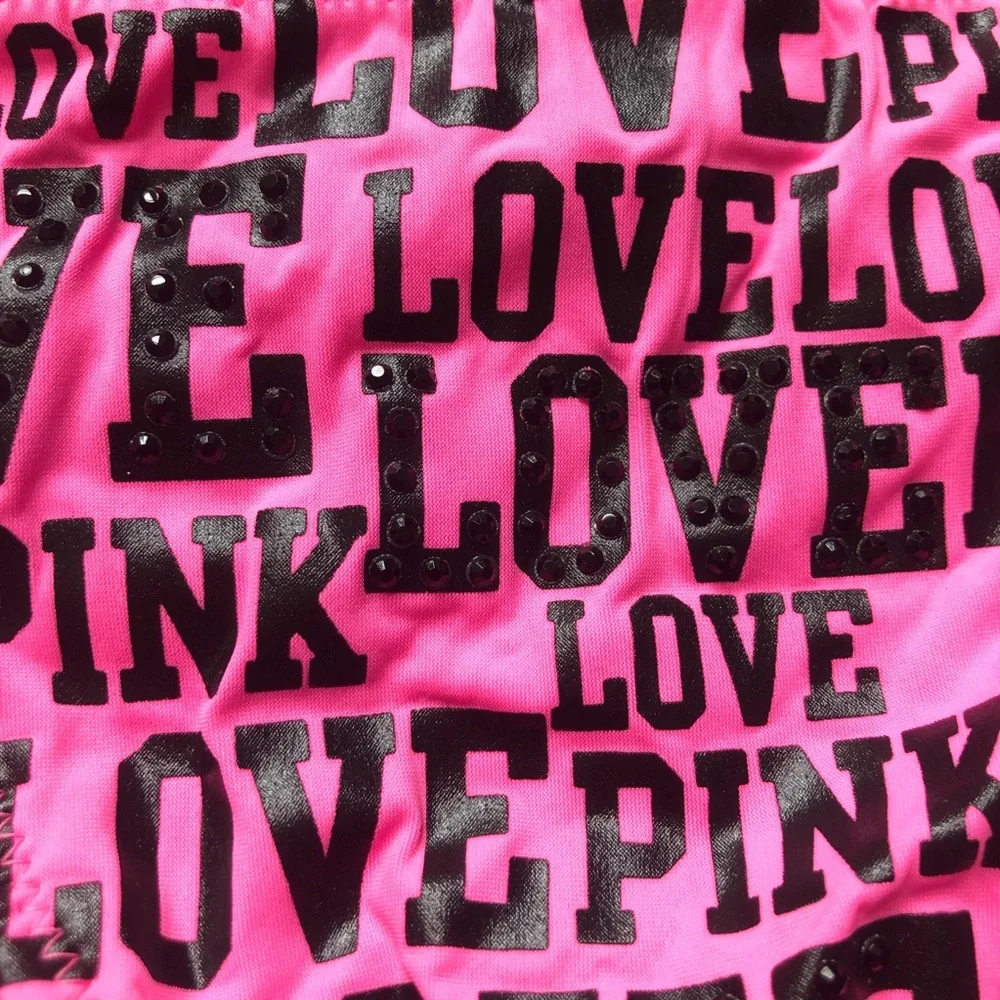 PINK Victoria’s Secret Love Pink Print Ruched Rhinestone Bikini Bottom - Picture 2 of 16